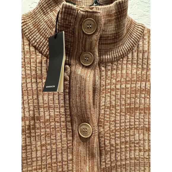 Monrow Knit Button Front Mock Neck Cardigan Coastal Grandma, LG Brown - Picture 2 of 5